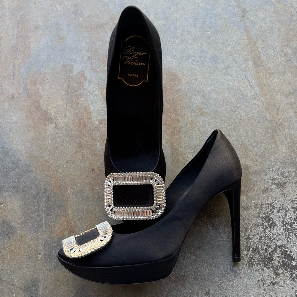 Roger Vivier Black Satin Platform Pumps with Crystal Buckles